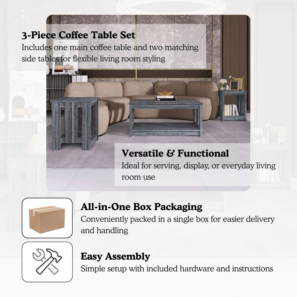 Elvara 3-Piece Modern Farmhouse Coffee Table Set with Storage Shelves