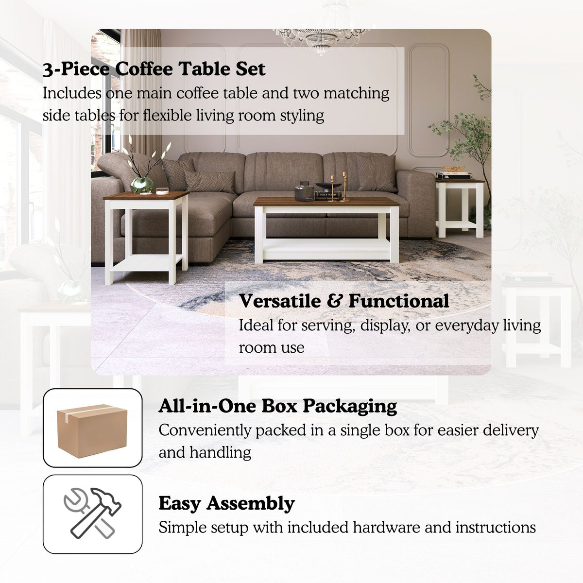 Norvia 3-Piece Modern Coffee Table Set with Open Storage Shelves