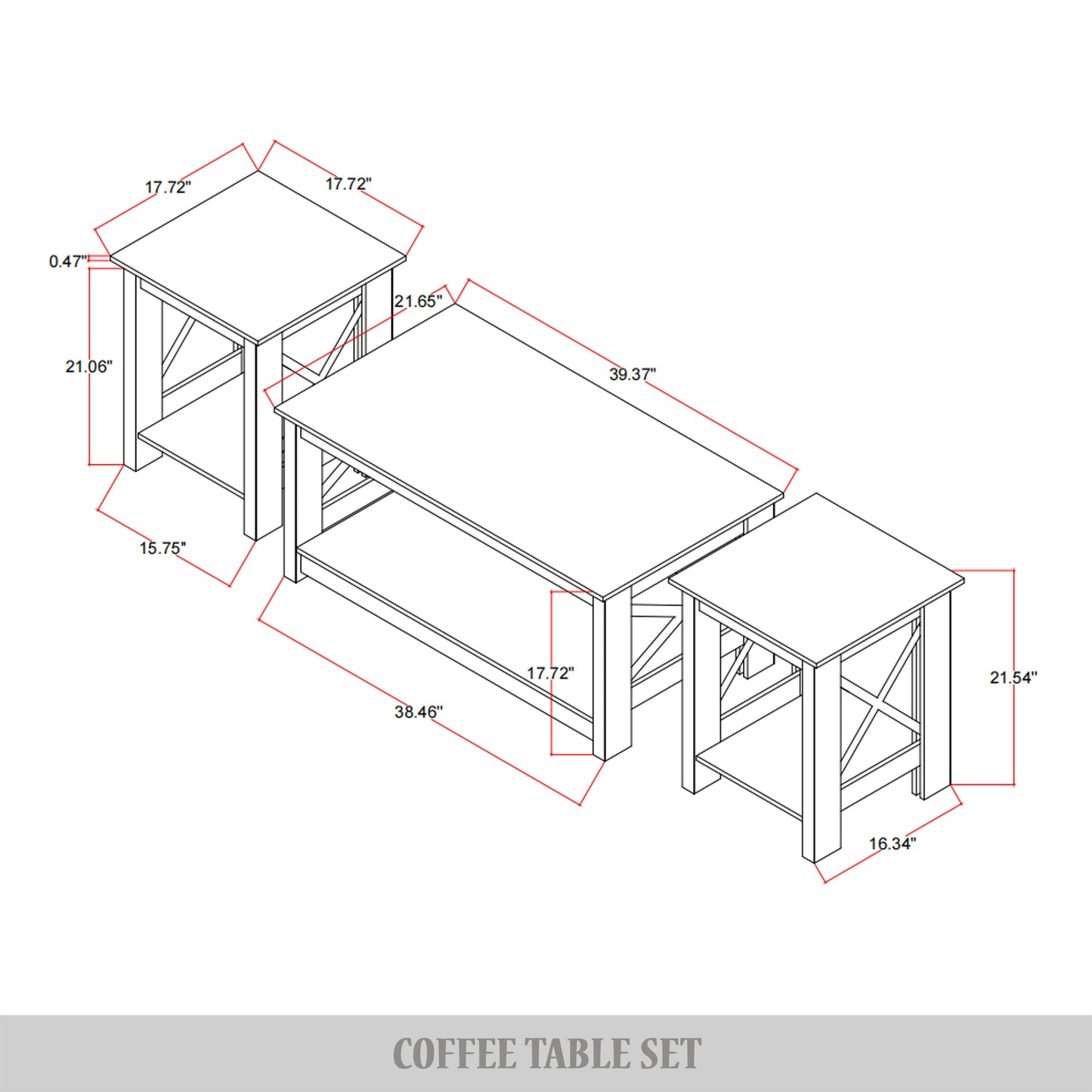 Caldris 3-Piece Modern Farmhouse Coffee Table Set with Storage