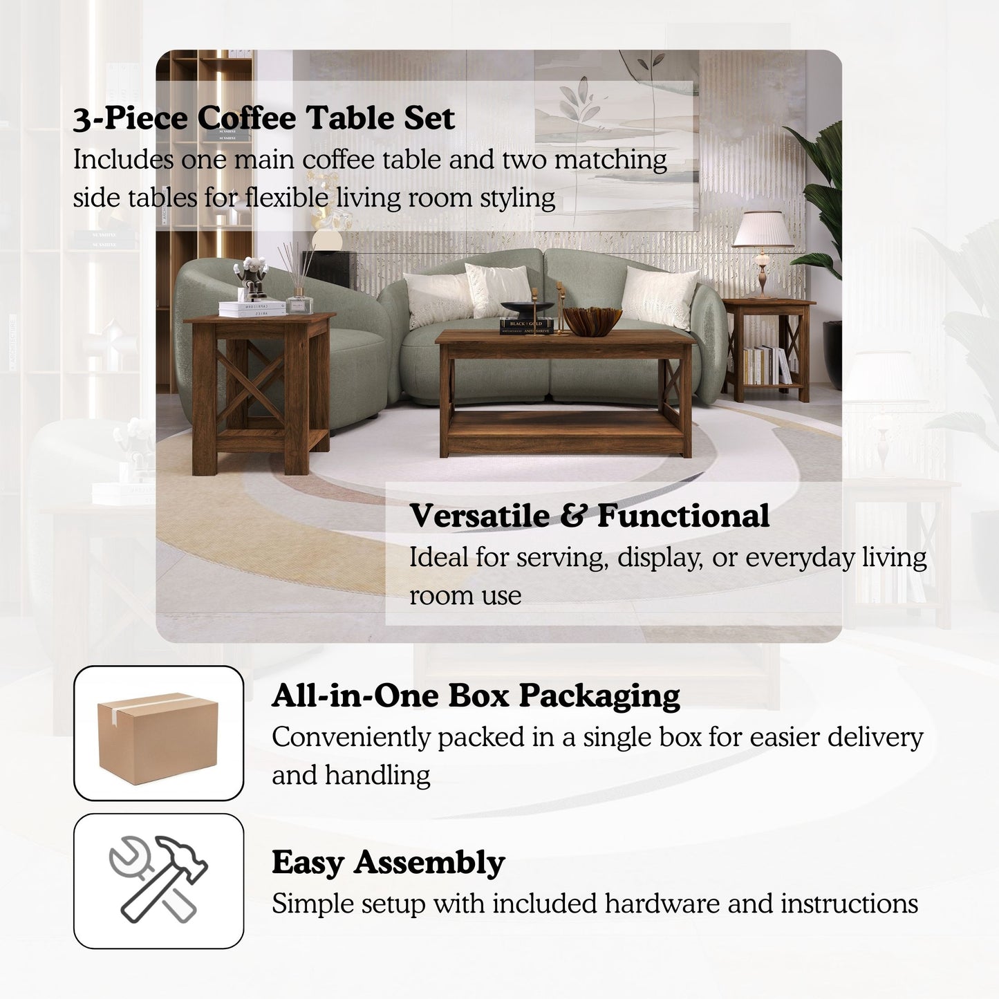 Caldris 3-Piece Modern Farmhouse Coffee Table Set with Storage