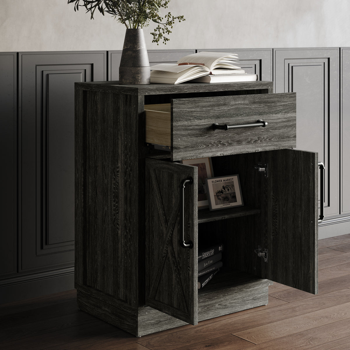Alvera Modern Wooden Storage Cabinet with Drawer and X-Accent Doors