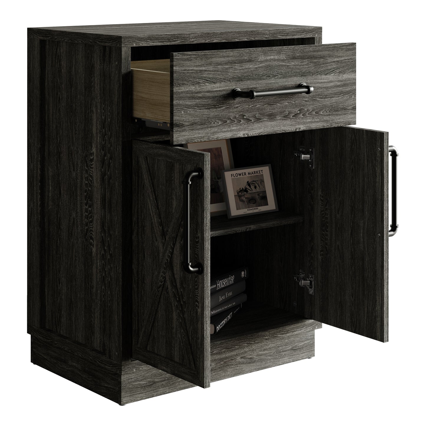 Alvera Modern Wooden Storage Cabinet with Drawer and X-Accent Doors