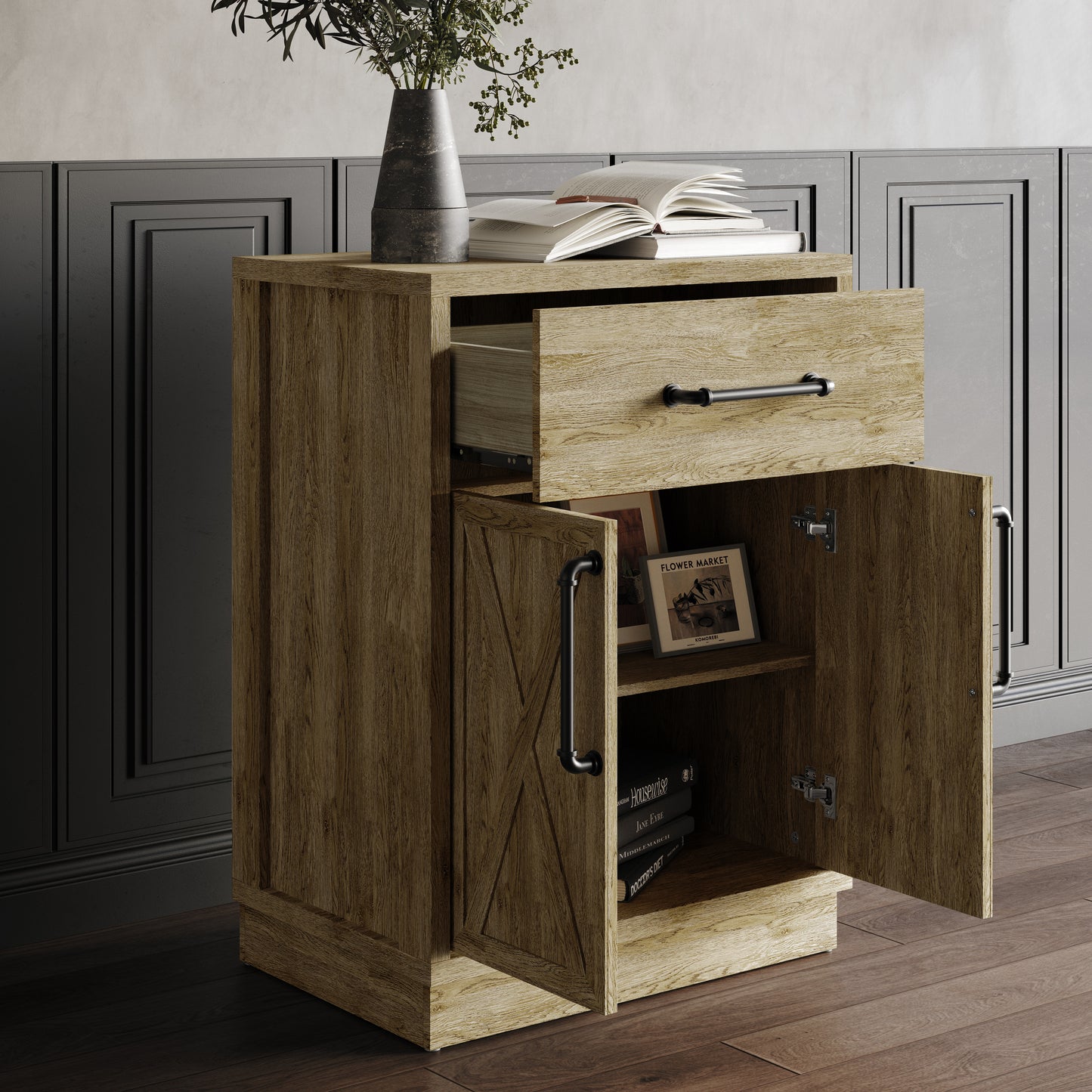 Alvera Modern Wooden Storage Cabinet with Drawer and X-Accent Doors