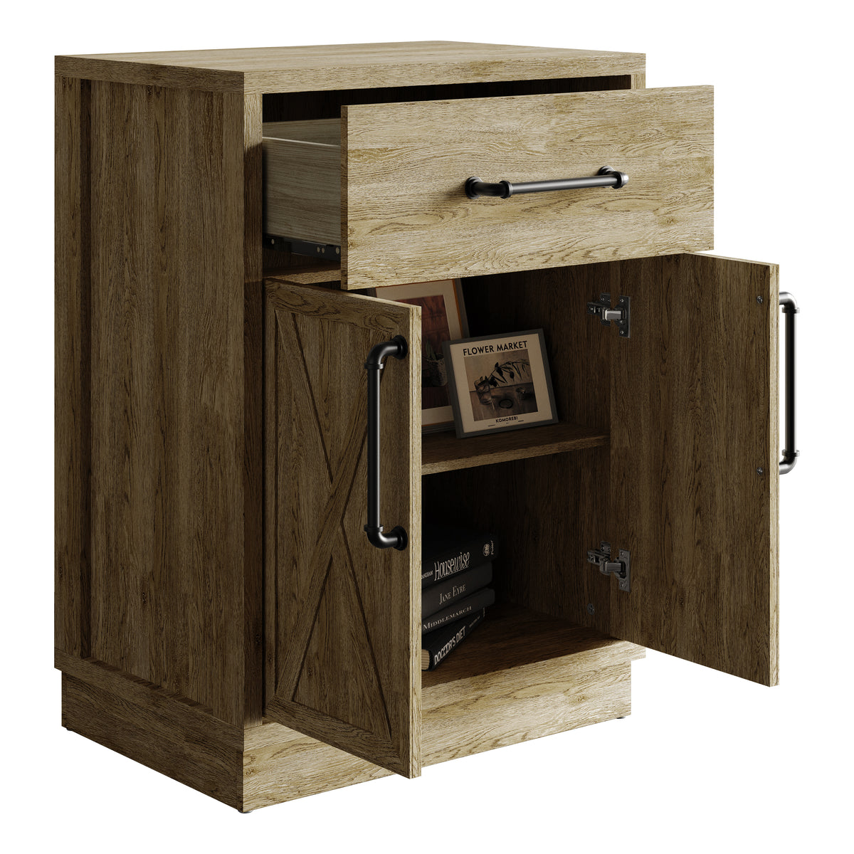 Alvera Modern Wooden Storage Cabinet with Drawer and X-Accent Doors