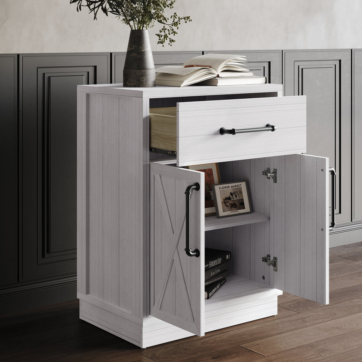 Alvera Modern Wooden Storage Cabinet with Drawer and X-Accent Doors