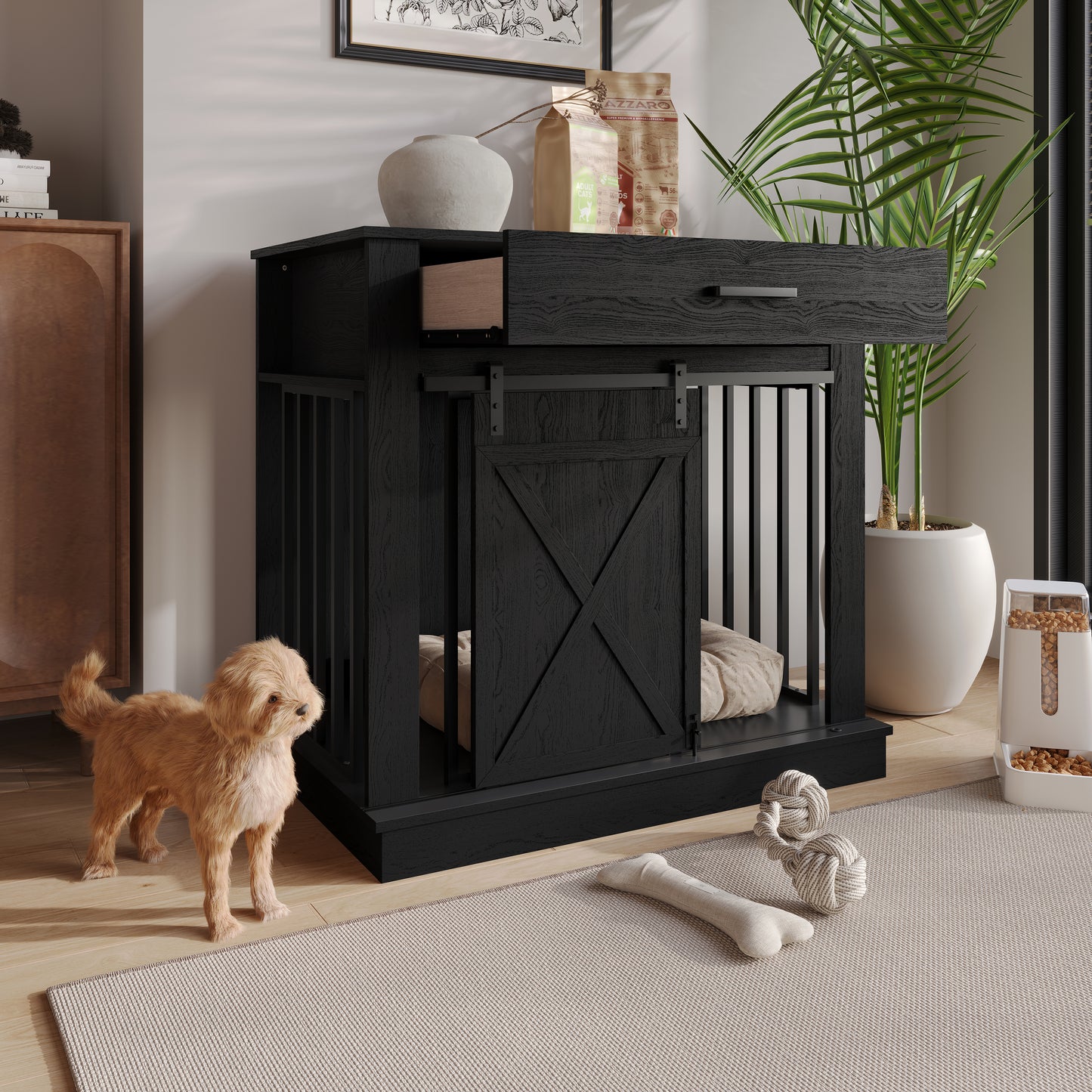 Cavira Modern TV Stand with Built-In Pet Crate and Drawer