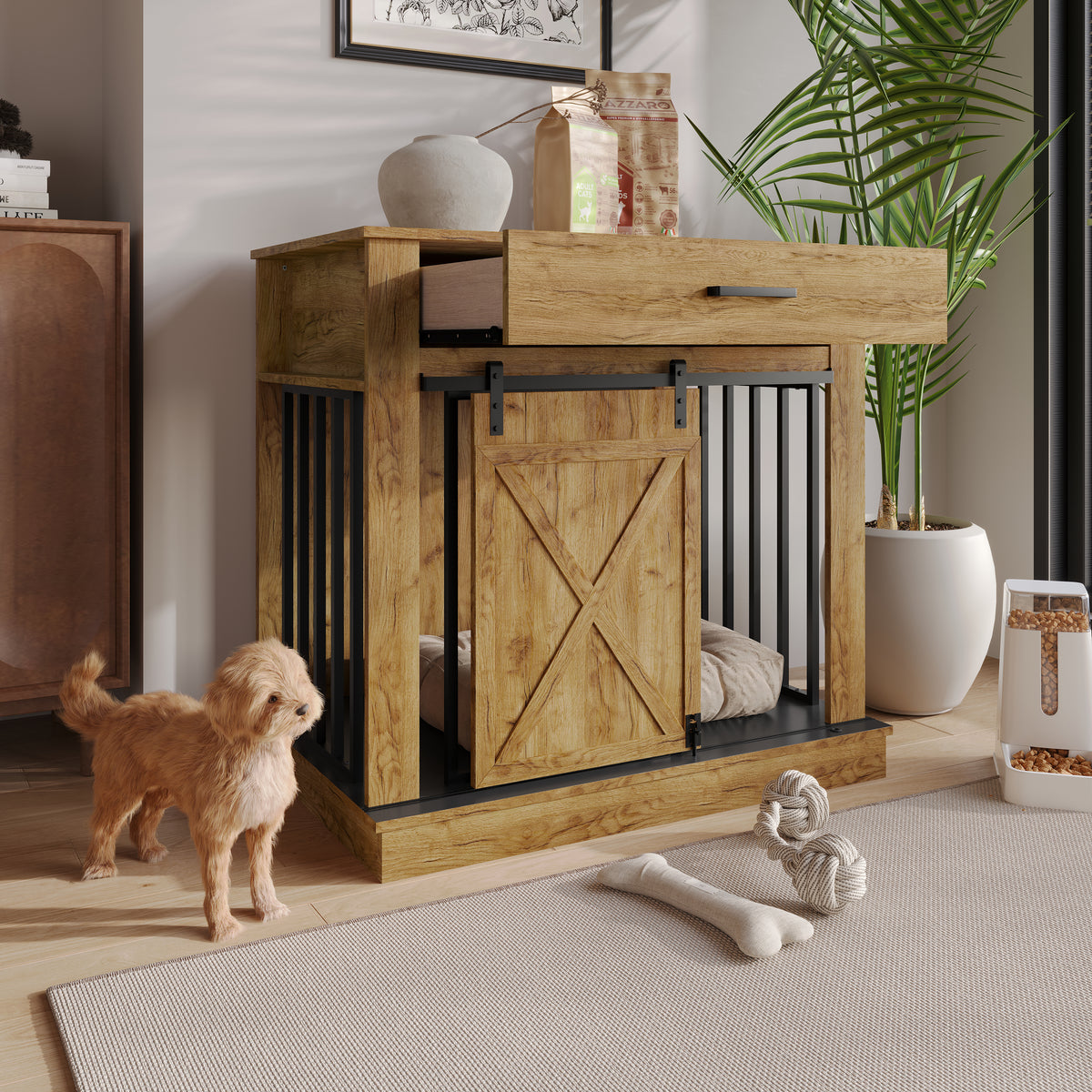 Cavira Modern TV Stand with Built-In Pet Crate and Drawer