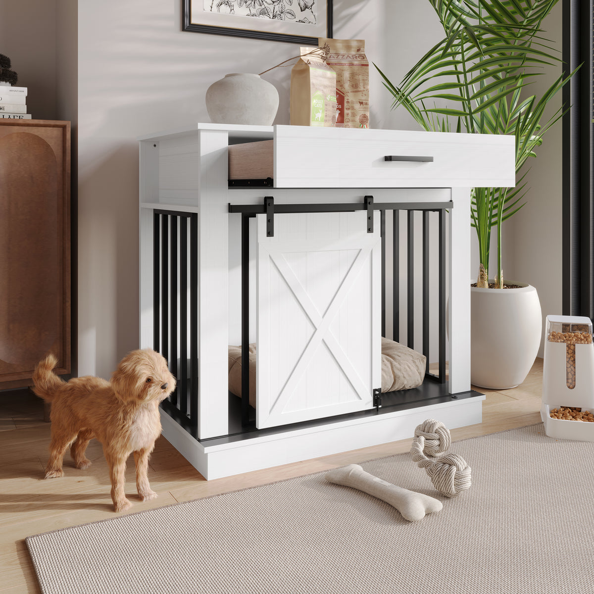 Cavira Modern TV Stand with Built-In Pet Crate and Drawer