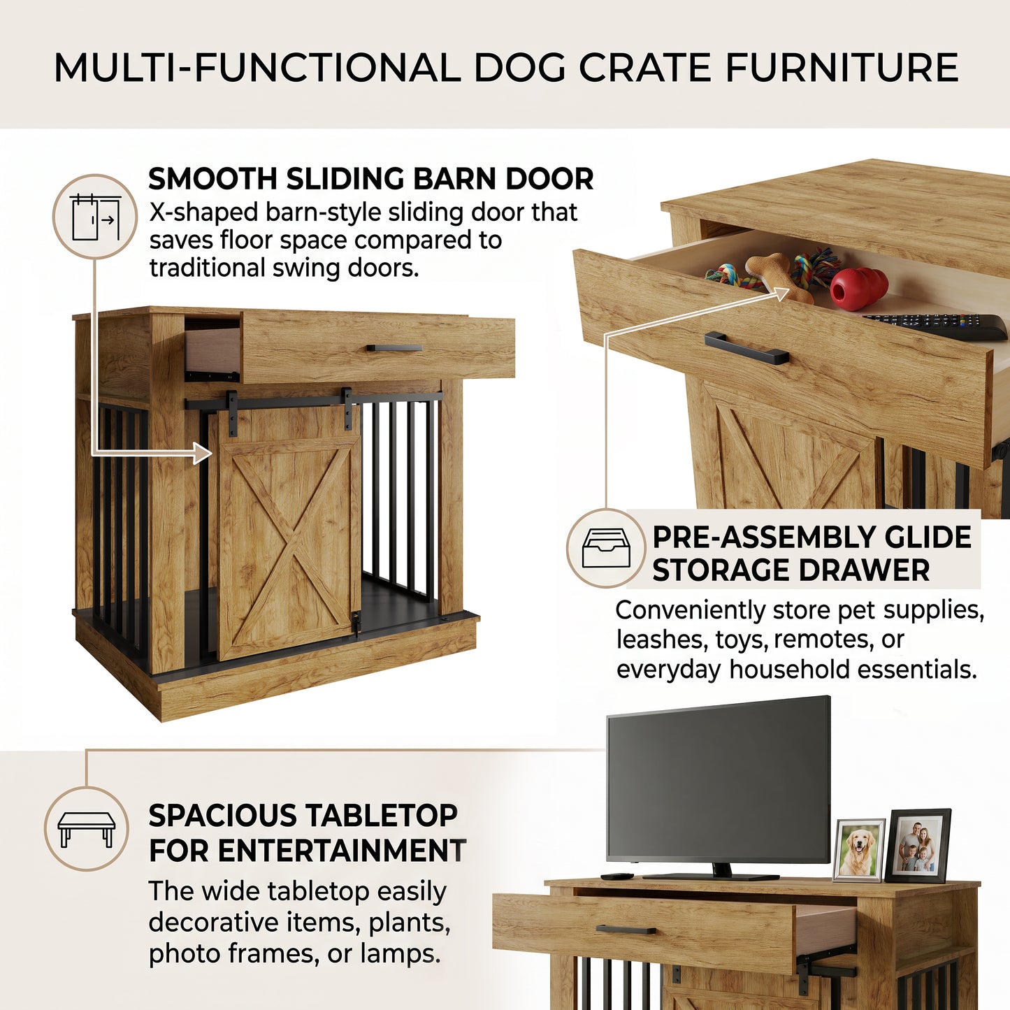 Cavira Modern TV Stand with Built-In Pet Crate and Drawer
