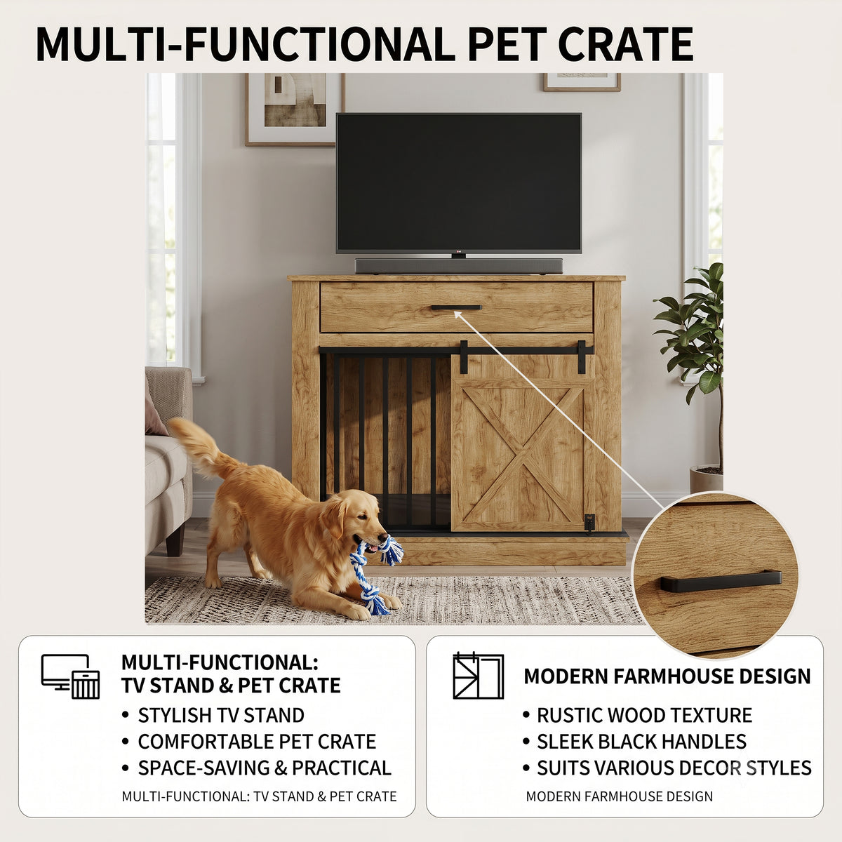 Cavira Modern TV Stand with Built-In Pet Crate and Drawer