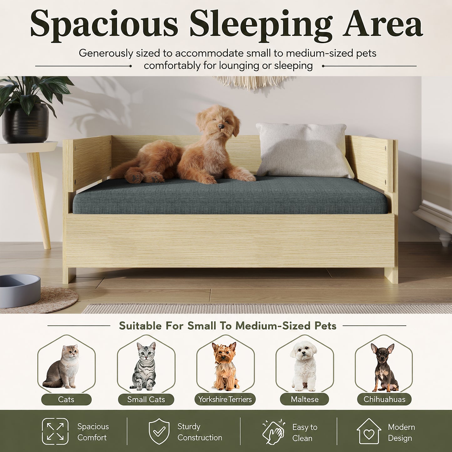 Pavora Wooden Frame Pet Bed with Waterproof Removable Cushion