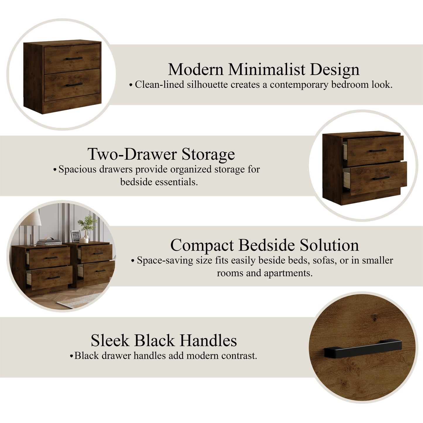 Elvane Set of 2 Modern Nightstands with 2 Drawers