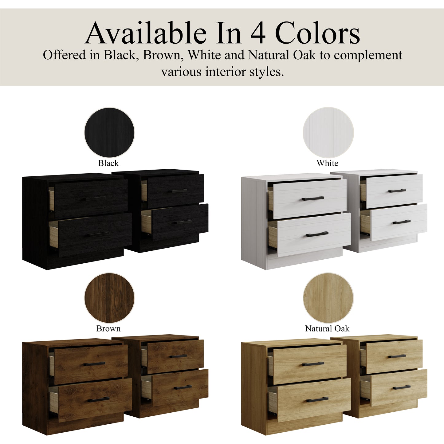 Elvane Set of 2 Modern Nightstands with 2 Drawers