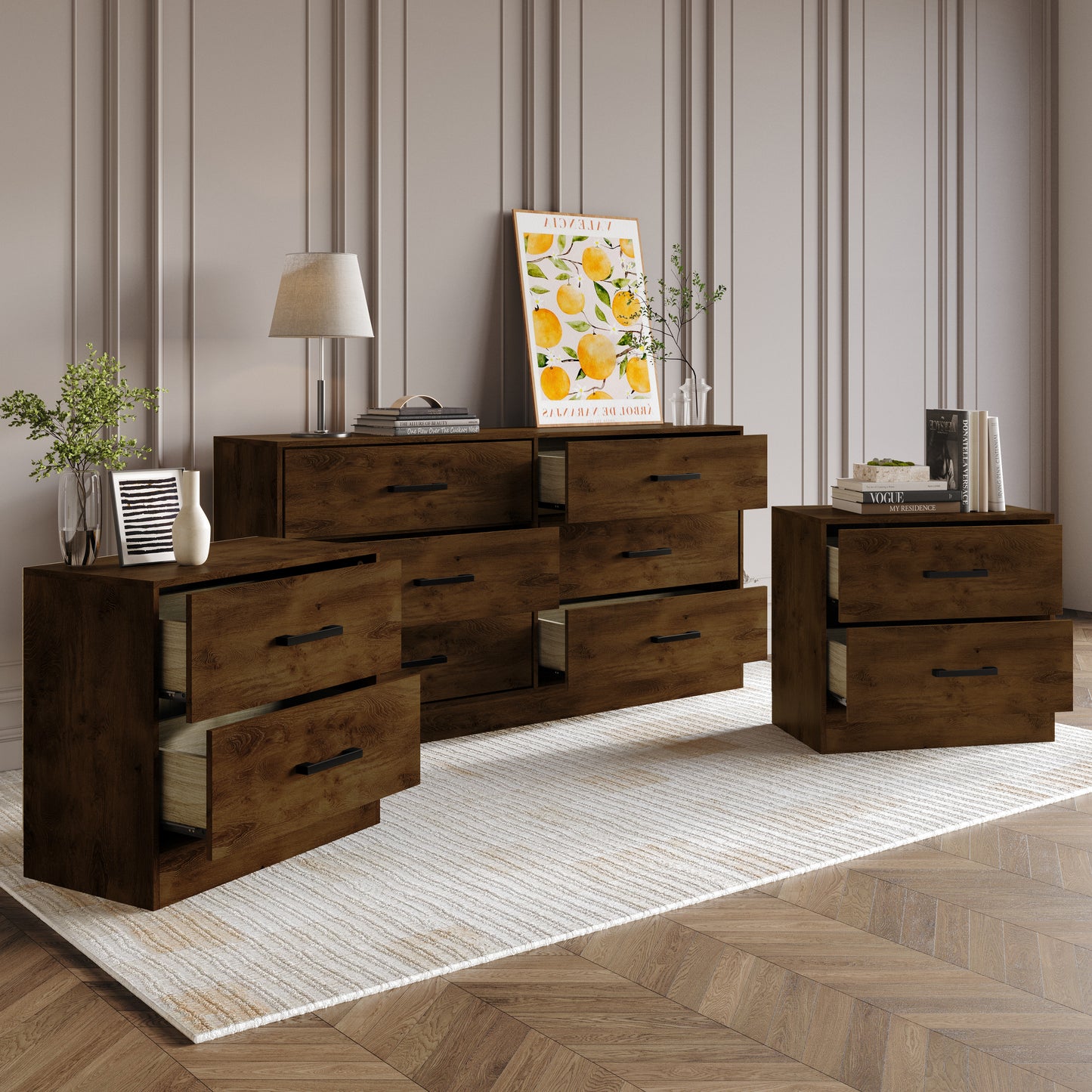 Valenor 3-Piece Modern Bedroom Furniture Set with 6-Drawer Dresser