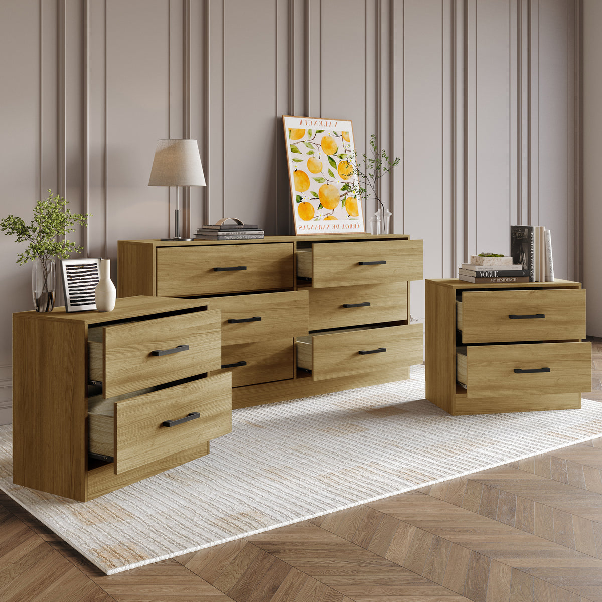 Valenor 3-Piece Modern Bedroom Furniture Set with 6-Drawer Dresser