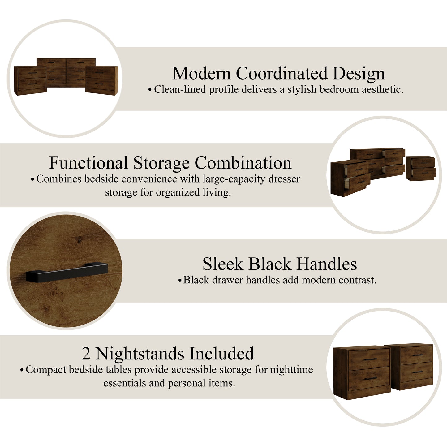 Valenor 3-Piece Modern Bedroom Furniture Set with 6-Drawer Dresser