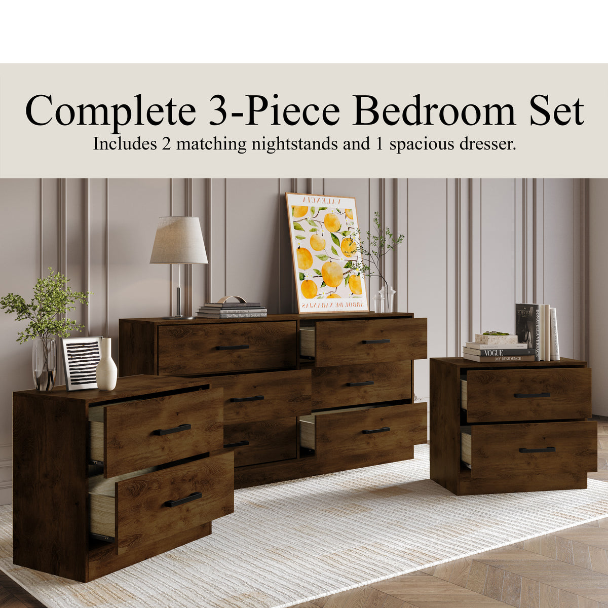Valenor 3-Piece Modern Bedroom Furniture Set with 6-Drawer Dresser