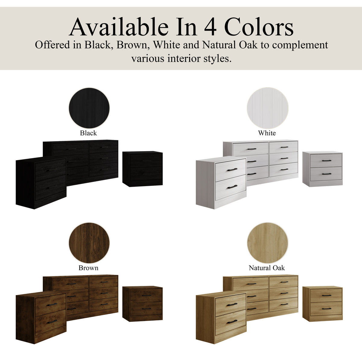 Valenor 3-Piece Modern Bedroom Furniture Set with 6-Drawer Dresser
