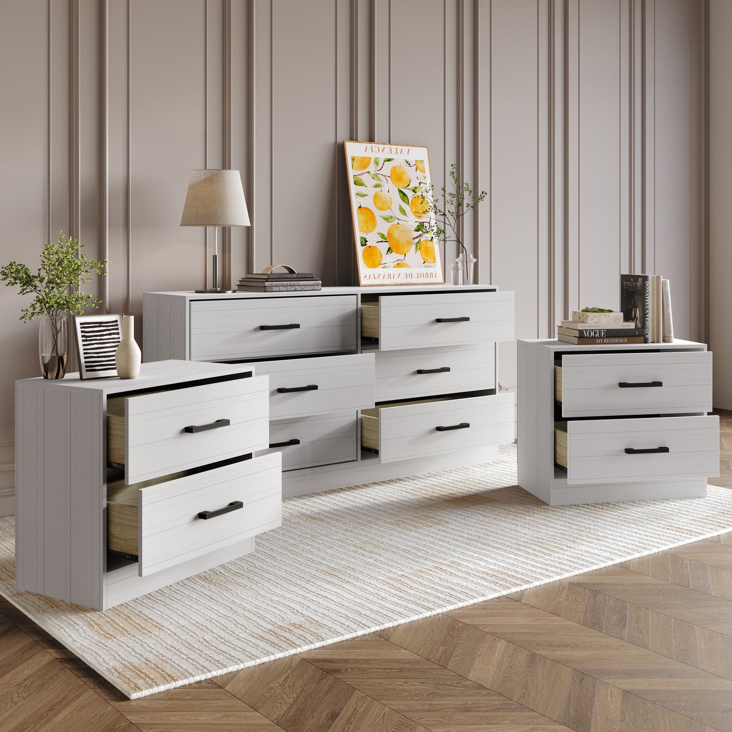 Valenor 3-Piece Modern Bedroom Furniture Set with 6-Drawer Dresser