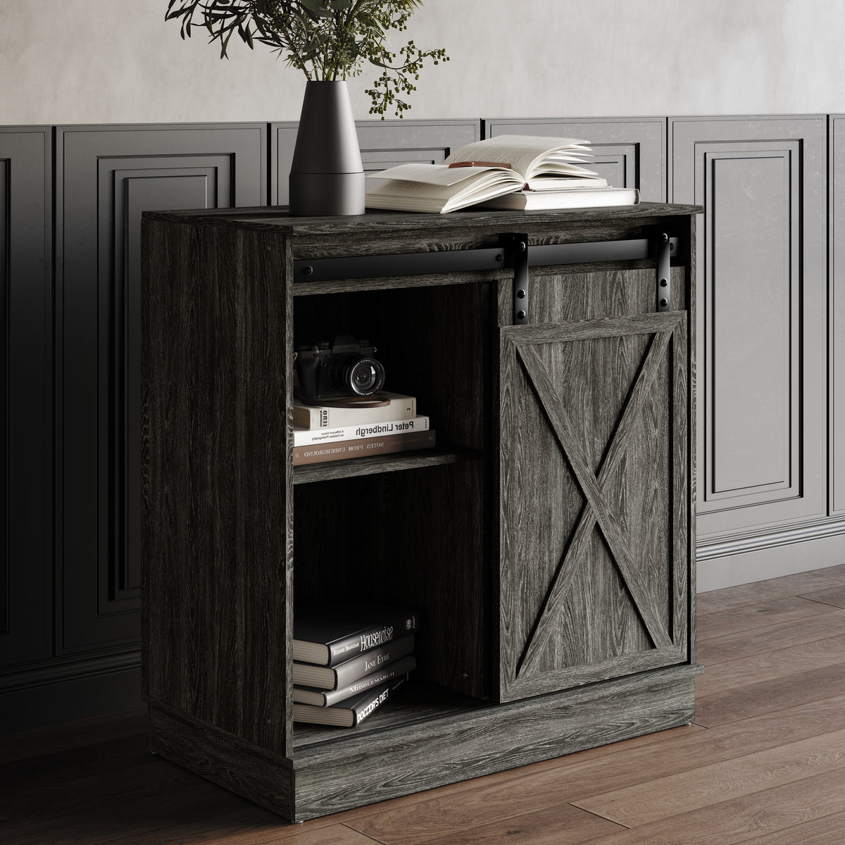 Caldora Modern Farmhouse Storage Cabinet with Sliding Door and Shelves