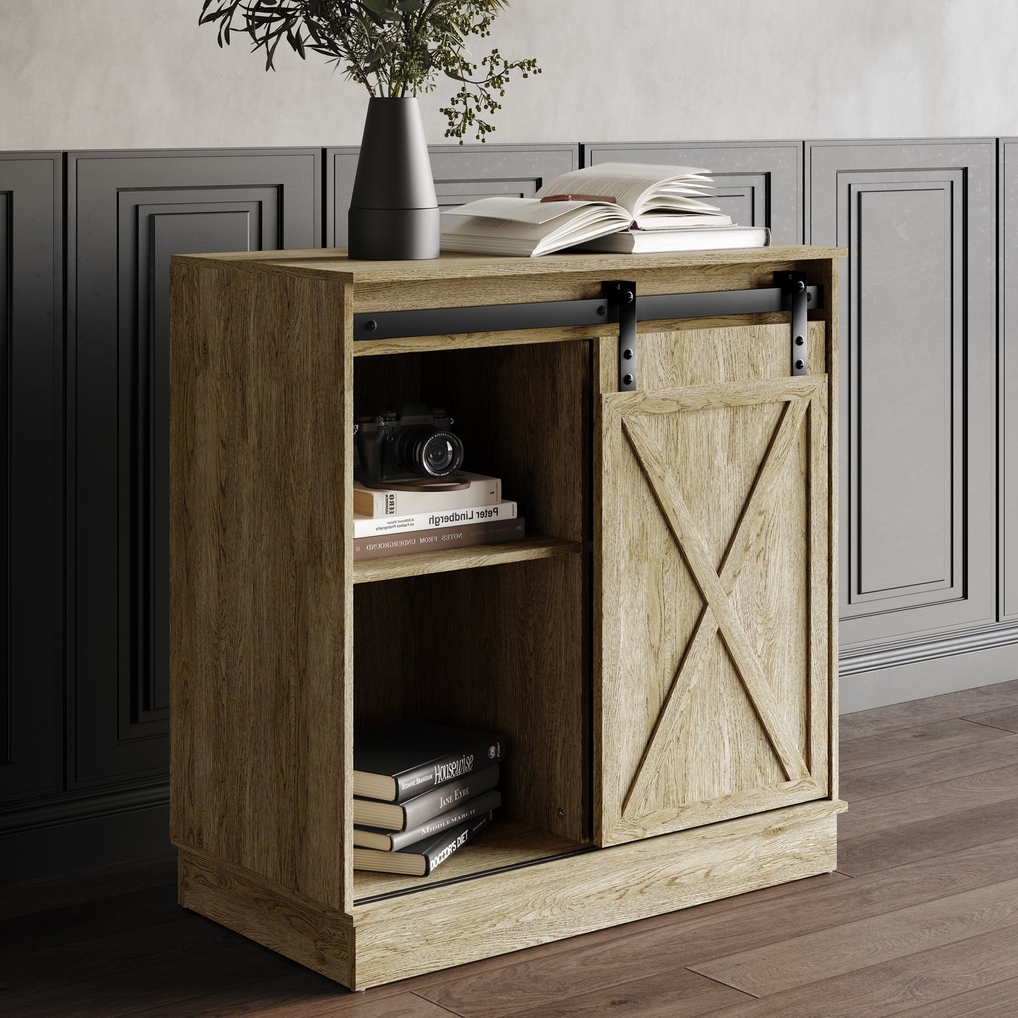 Caldora Modern Farmhouse Storage Cabinet with Sliding Door and Shelves