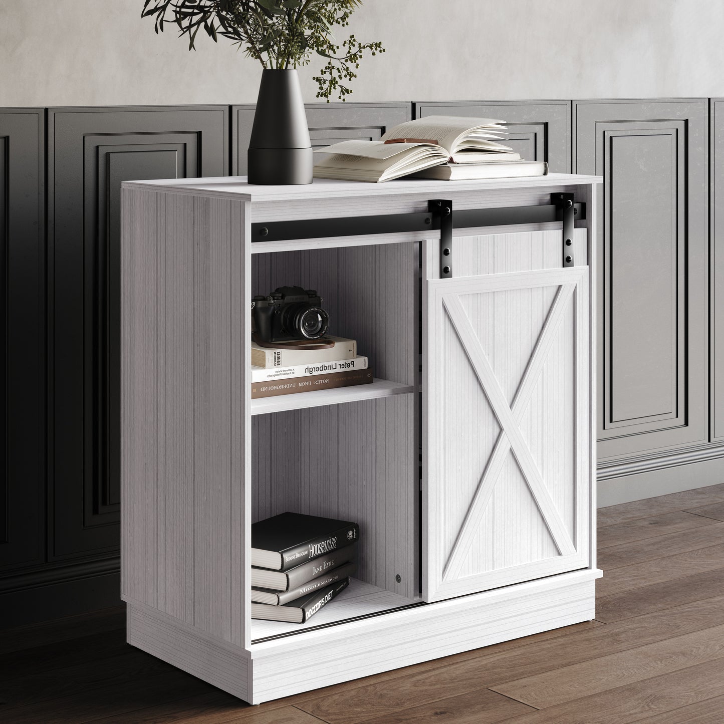 Caldora Modern Farmhouse Storage Cabinet with Sliding Door and Shelves