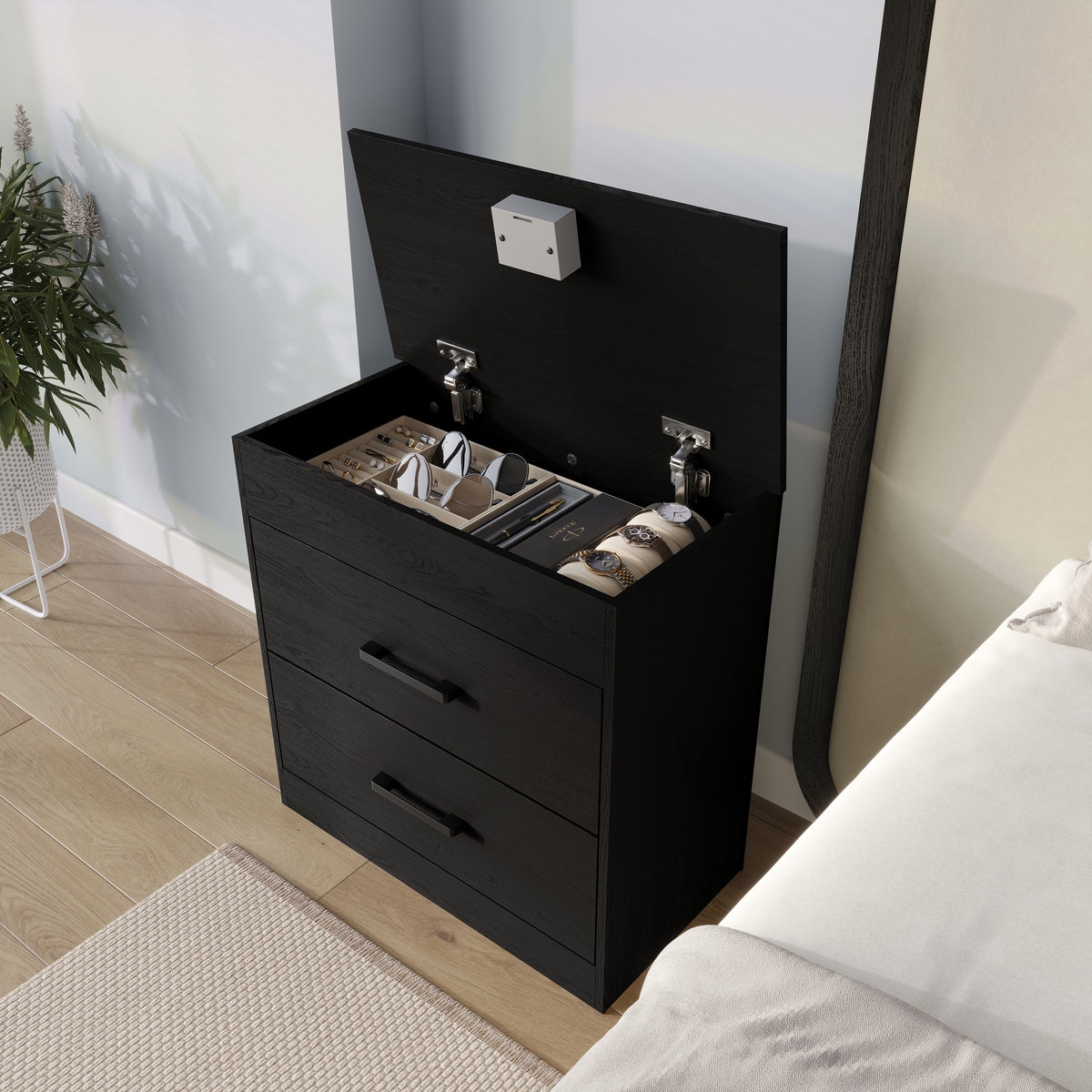 Zarevia Modern Nightstand with RFID Lock, Lift-Top Storage and 2 Drawers