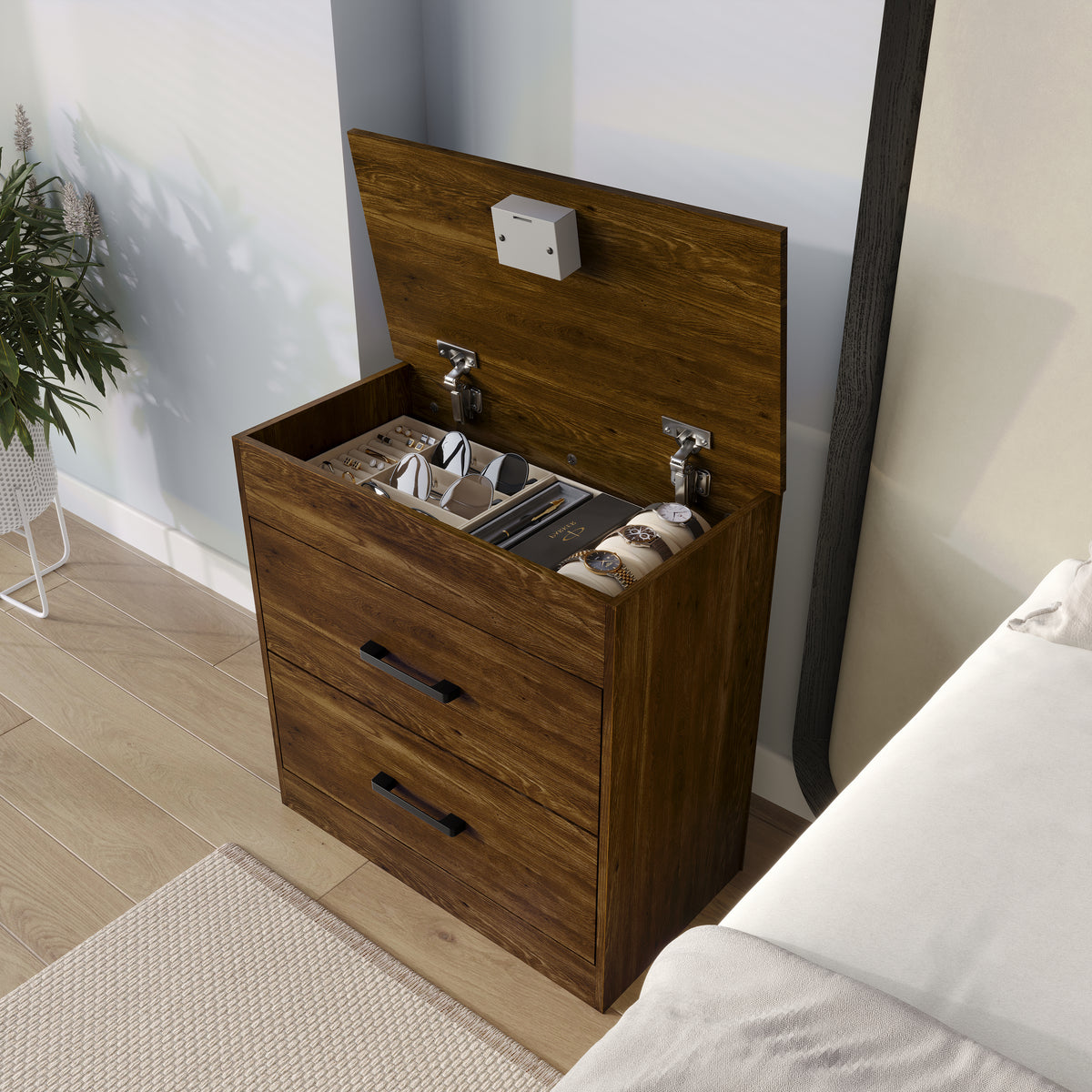 Zarevia Modern Nightstand with RFID Lock, Lift-Top Storage and 2 Drawers