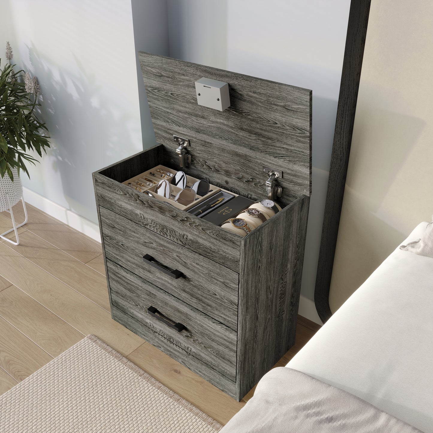 Zarevia Modern Nightstand with RFID Lock, Lift-Top Storage and 2 Drawers