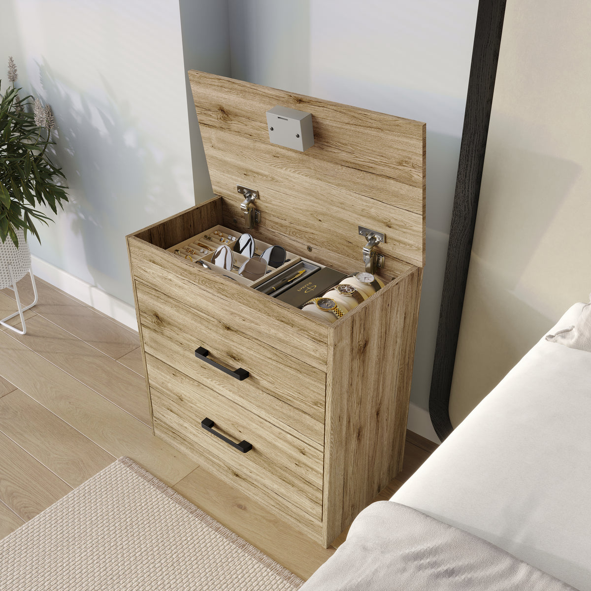 Zarevia Modern Nightstand with RFID Lock, Lift-Top Storage and 2 Drawers