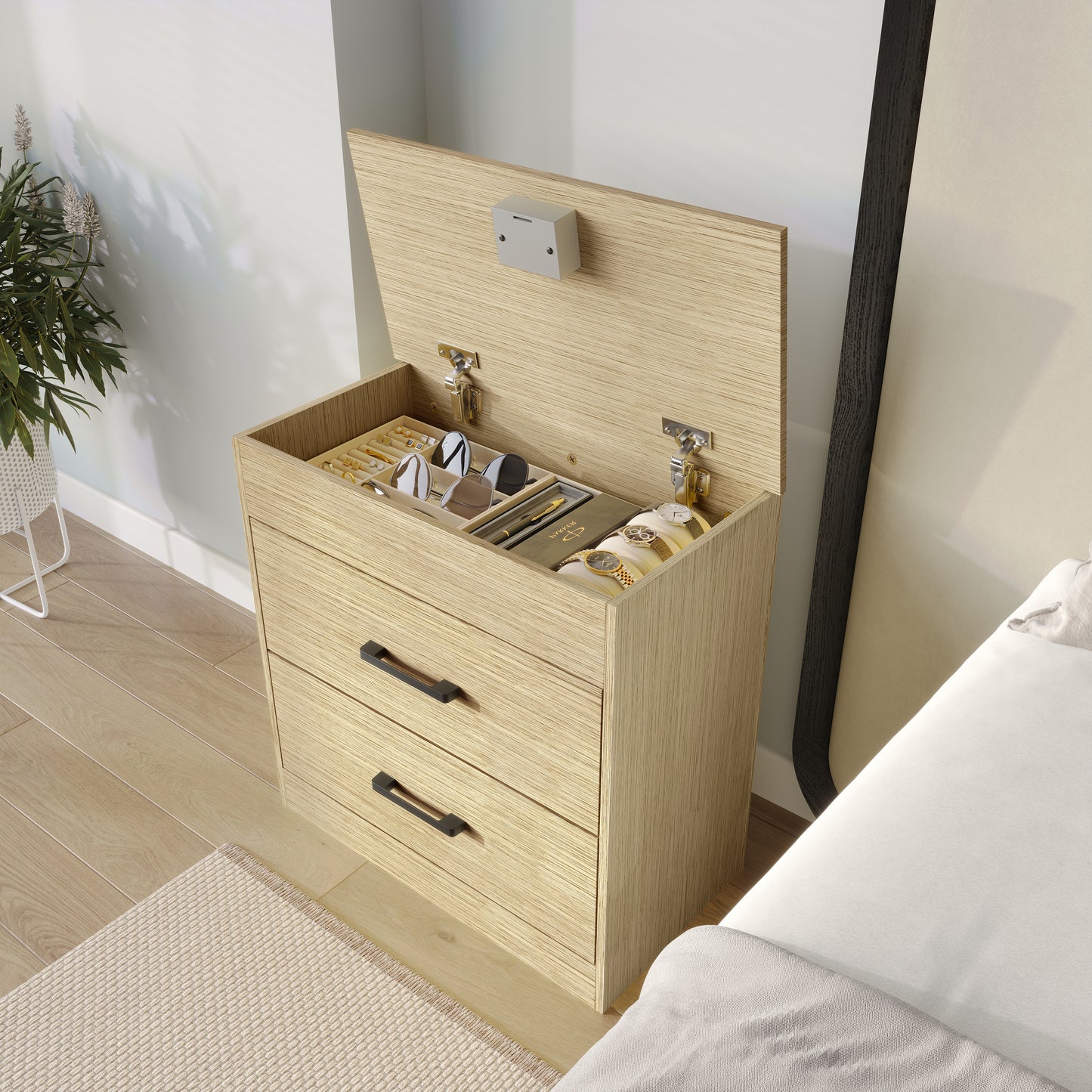 Zarevia Modern Nightstand with RFID Lock, Lift-Top Storage and 2 Drawers