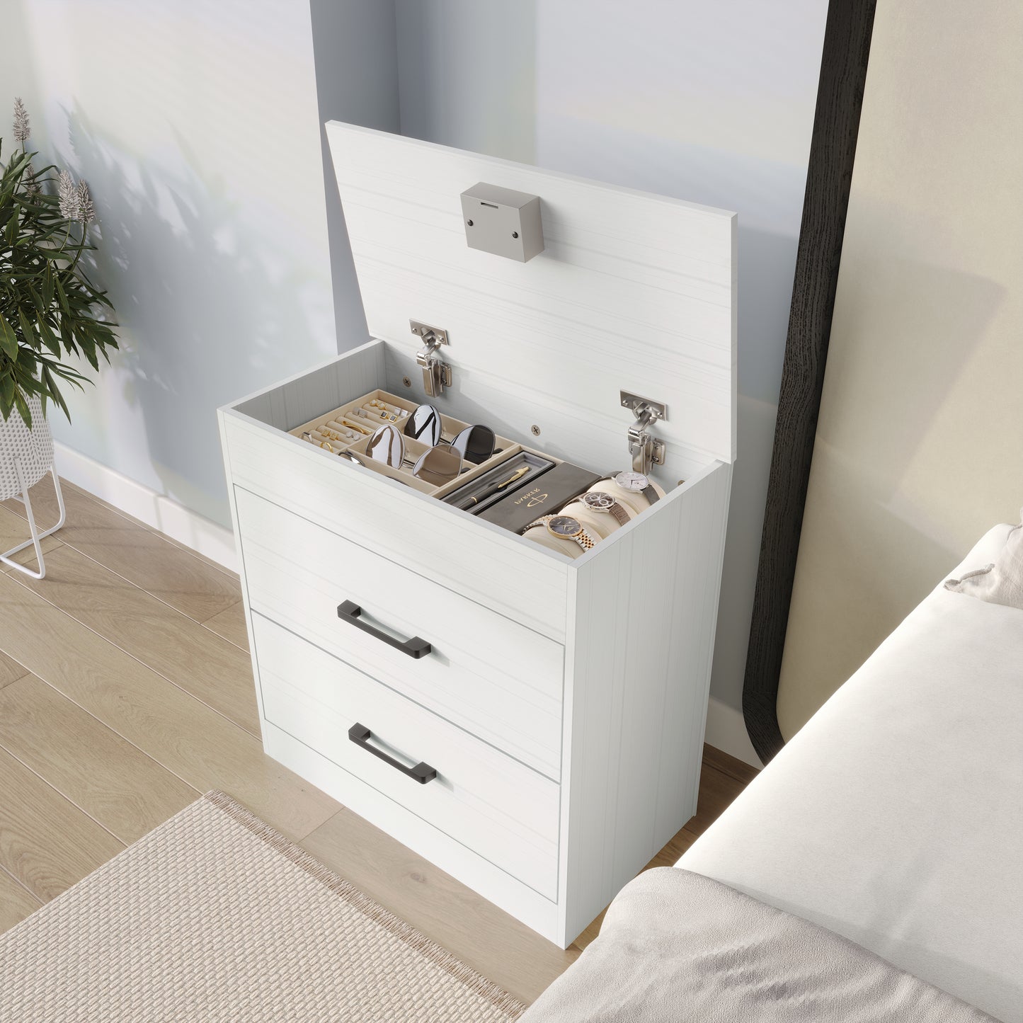 Zarevia Modern Nightstand with RFID Lock, Lift-Top Storage and 2 Drawers