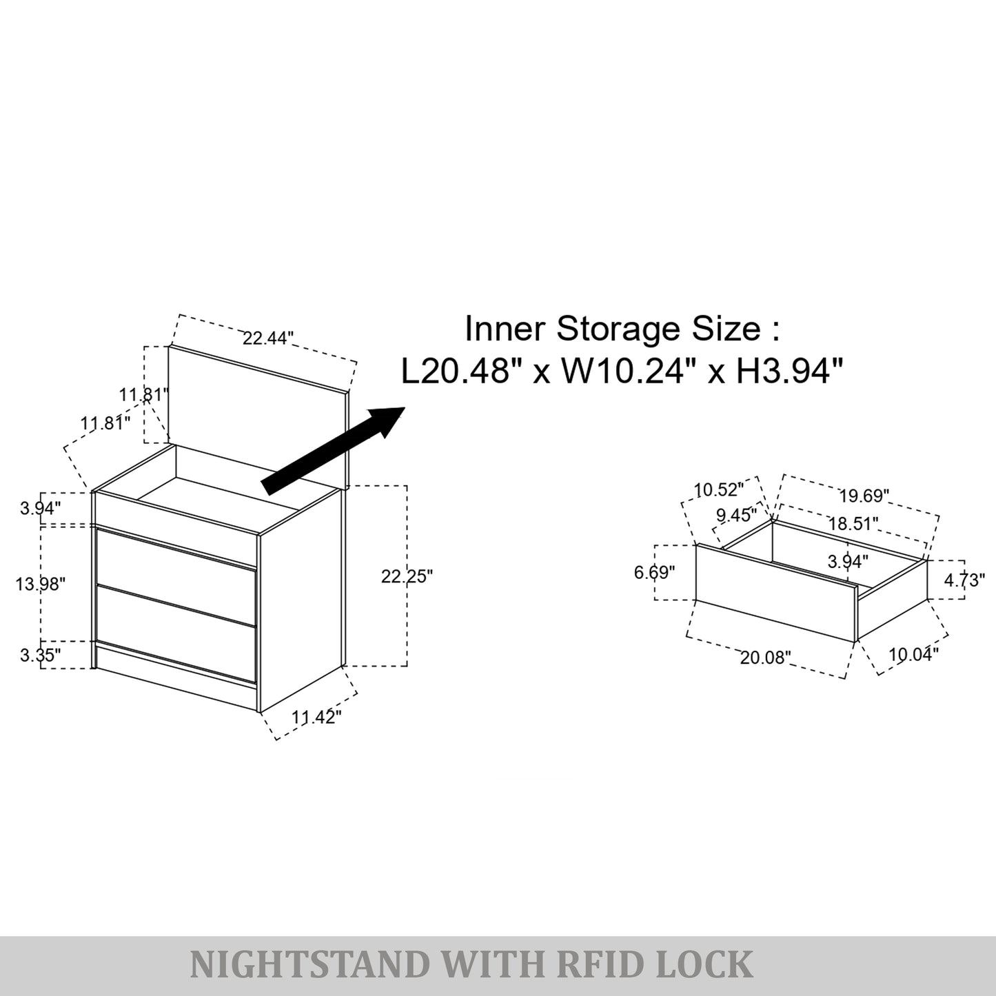 Zarevia Modern Nightstand with RFID Lock, Lift-Top Storage and 2 Drawers