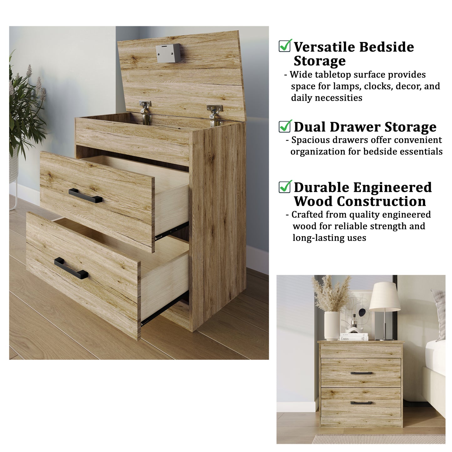 Zarevia Modern Nightstand with RFID Lock, Lift-Top Storage and 2 Drawers