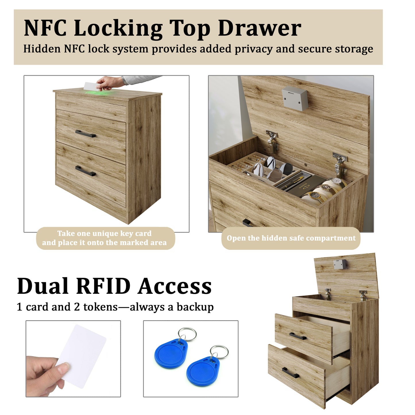 Zarevia Modern Nightstand with RFID Lock, Lift-Top Storage and 2 Drawers