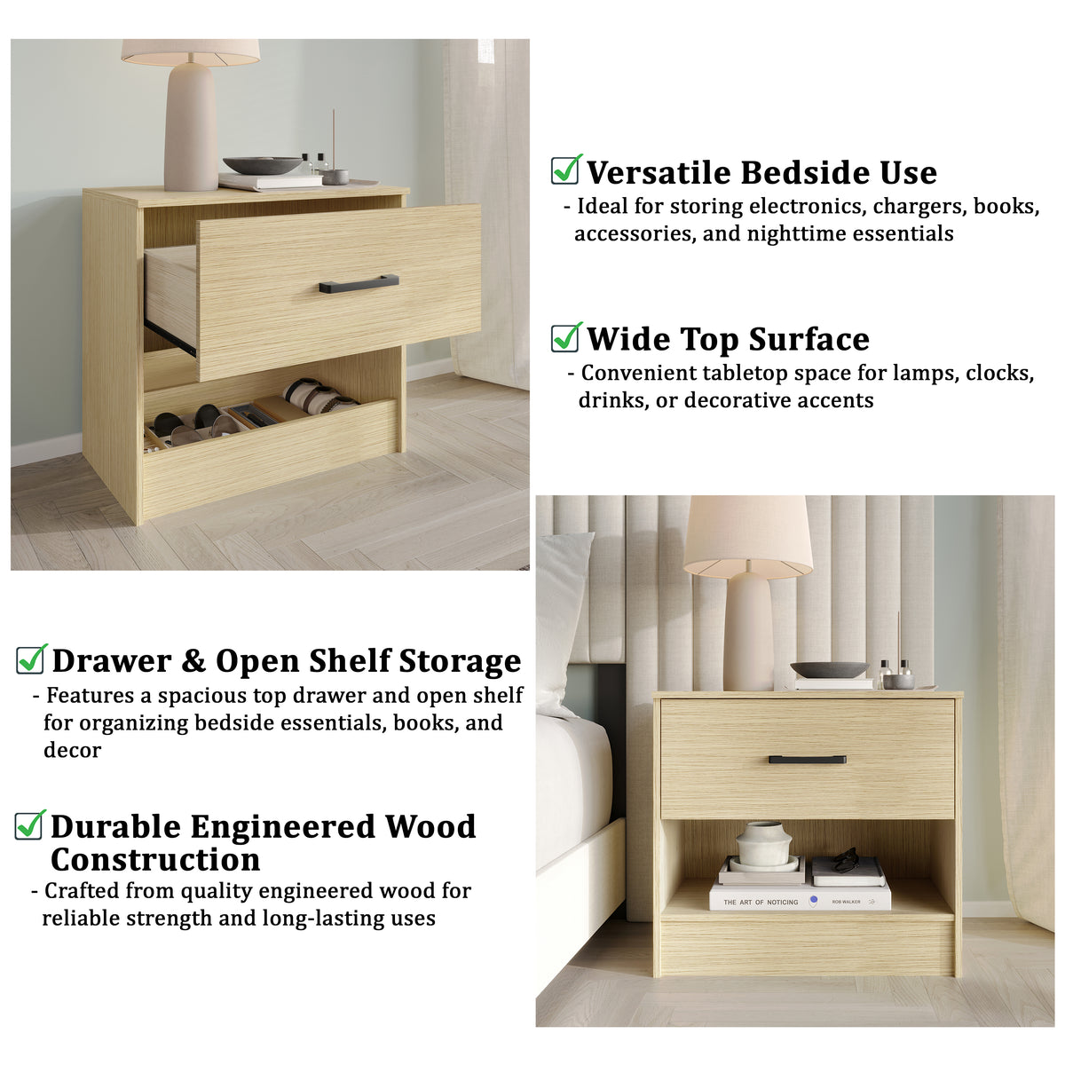 Veylora Modern RFID Lock Nightstand with Hidden Compartment