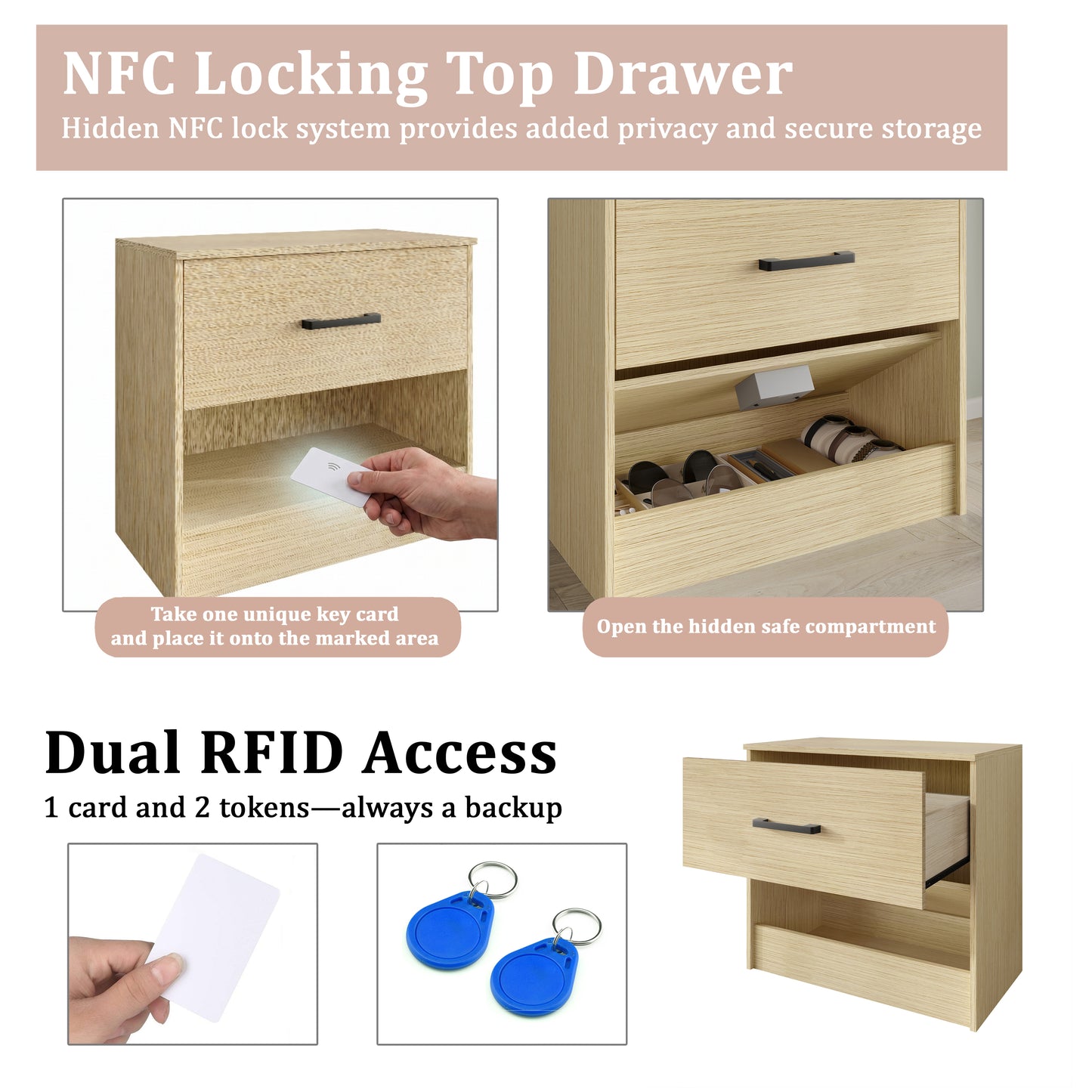 Veylora Modern RFID Lock Nightstand with Hidden Compartment