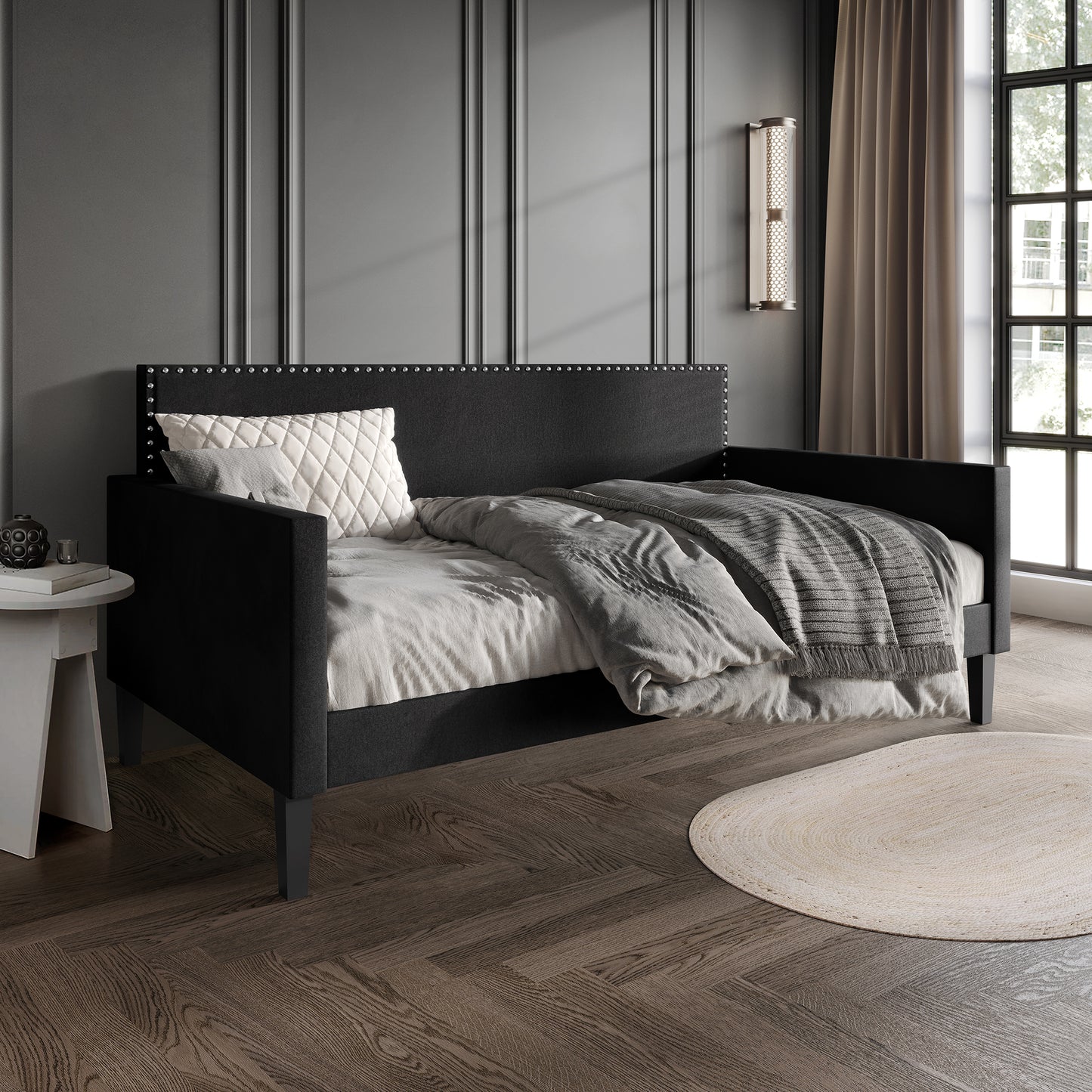 Elvaris Black Velvet Twin Daybed with Chrome Nailhead Trim