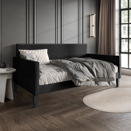 Elvaris Black Velvet Twin Daybed with Chrome Nailhead Trim