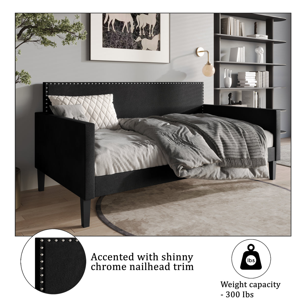 Elvaris Black Velvet Twin Daybed with Chrome Nailhead Trim