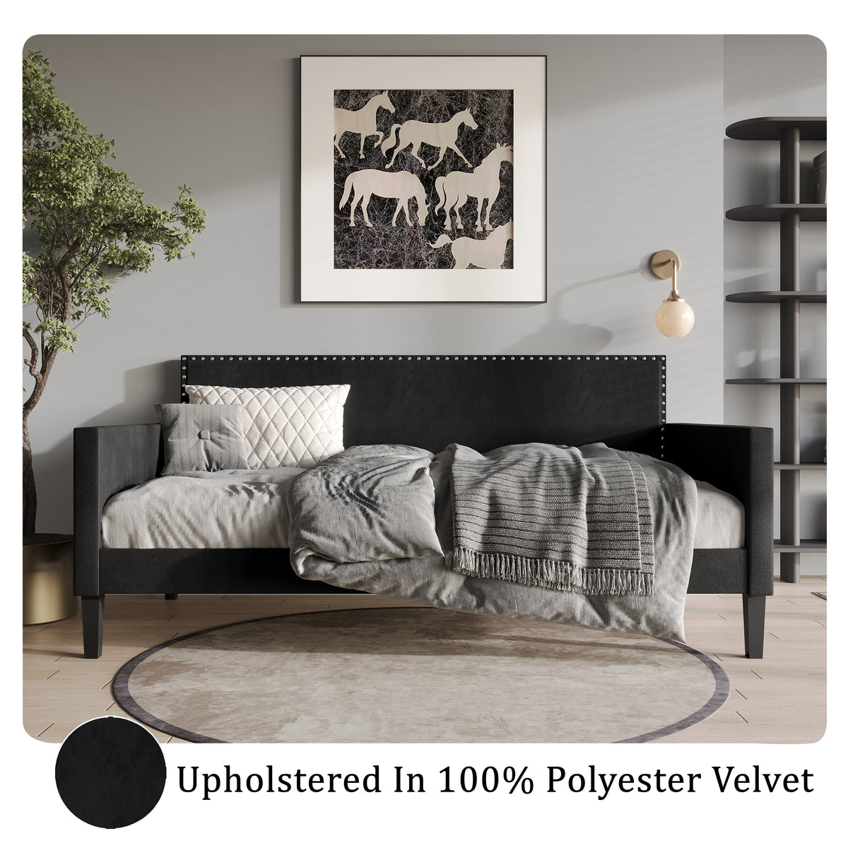 Elvaris Black Velvet Twin Daybed with Chrome Nailhead Trim