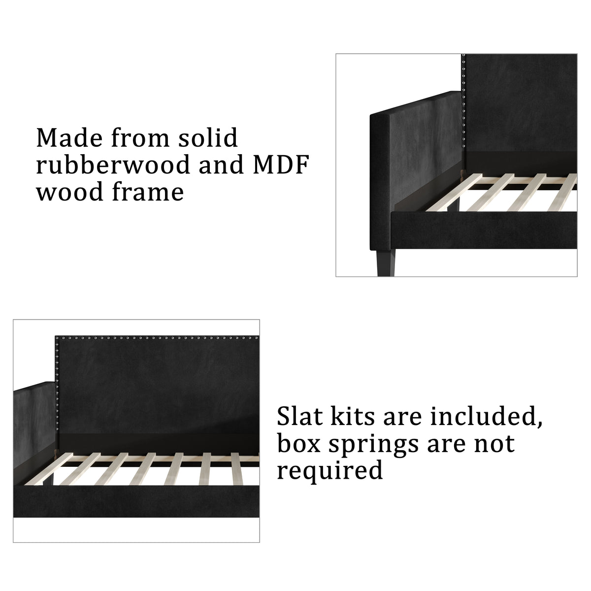 Elvaris Black Velvet Twin Daybed with Chrome Nailhead Trim