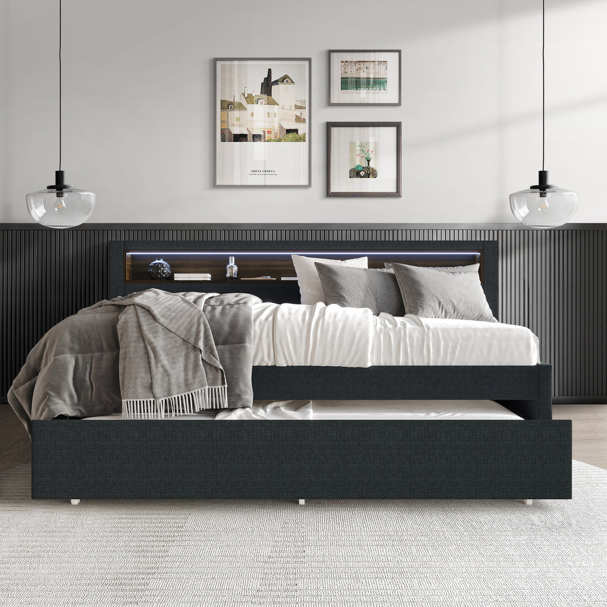 Averelle Twin Daybed with LED Light, Storage & Pull-Out Trundle