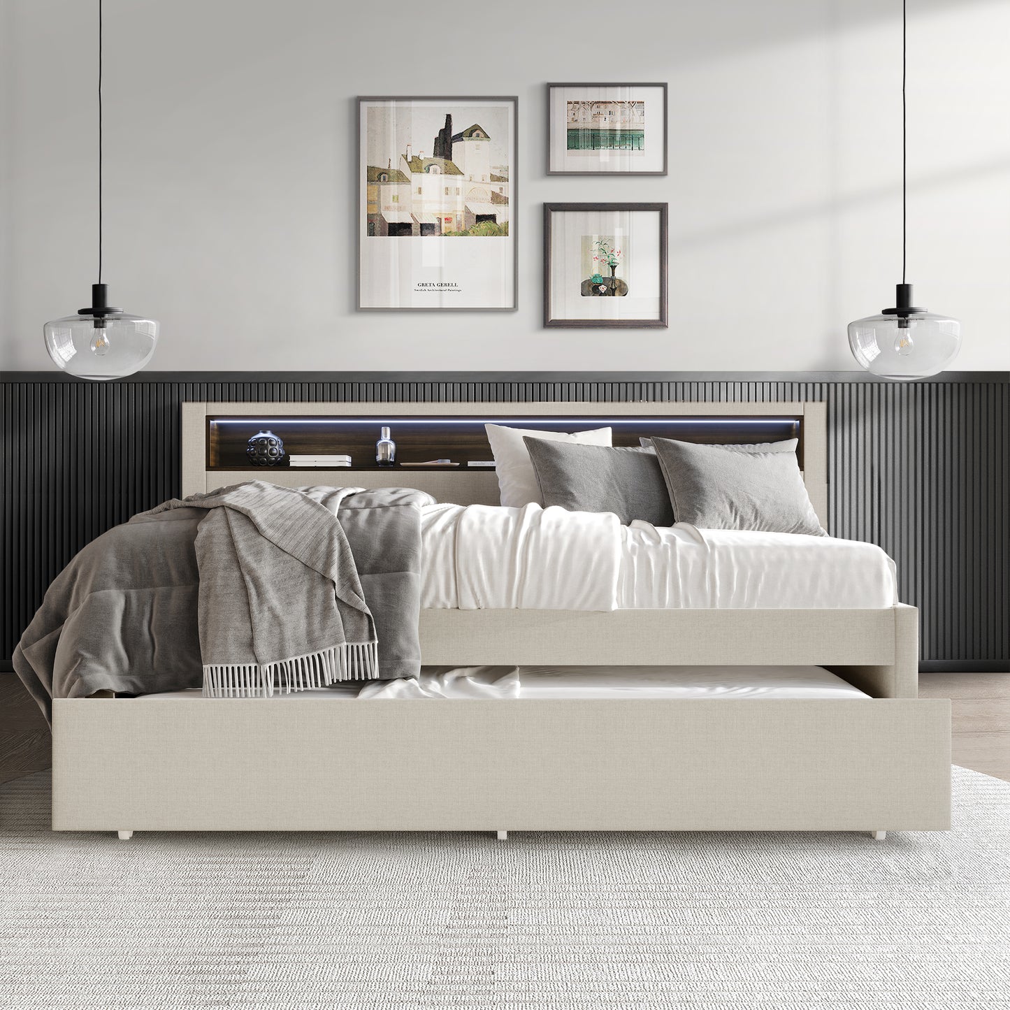 Averelle Twin Daybed with LED Light, Storage & Pull-Out Trundle