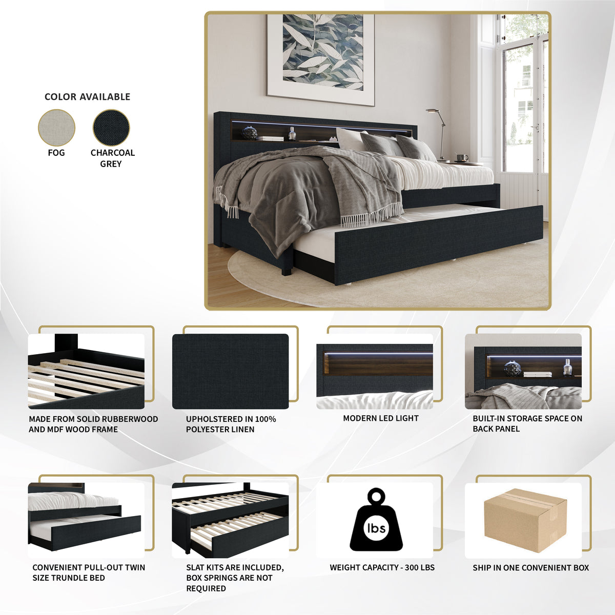 Averelle Twin Daybed with LED Light, Storage & Pull-Out Trundle