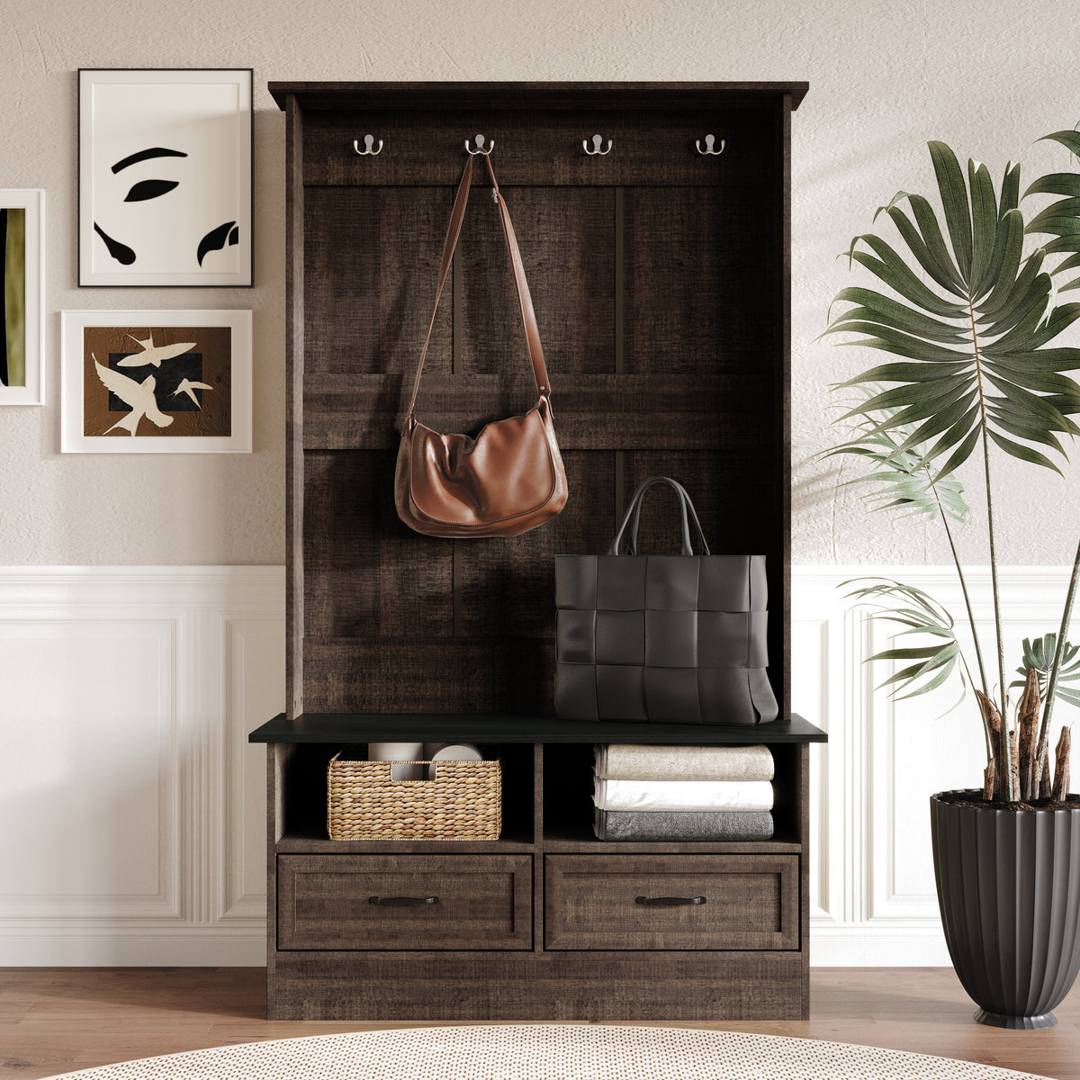 Hall Tree with Storage Cabinet, Bench, Drawers, Shelves & Hooks