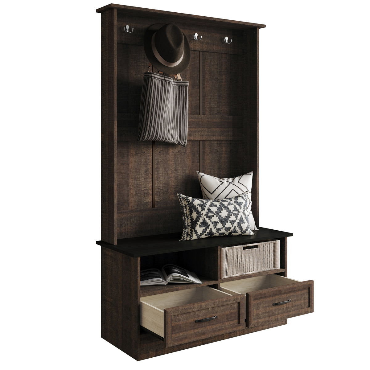 Hall Tree with Storage Cabinet, Bench, Drawers, Shelves & Hooks