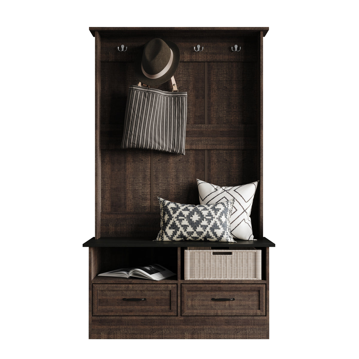 Hall Tree with Storage Cabinet, Bench, Drawers, Shelves & Hooks