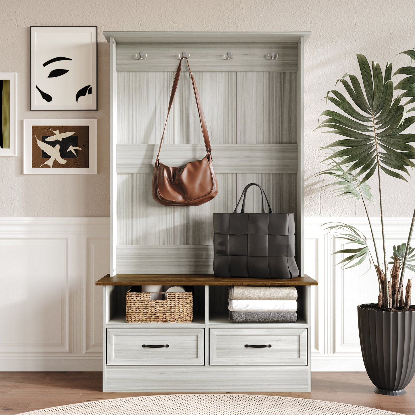 Hall Tree with Storage Cabinet, Bench, Drawers, Shelves & Hooks
