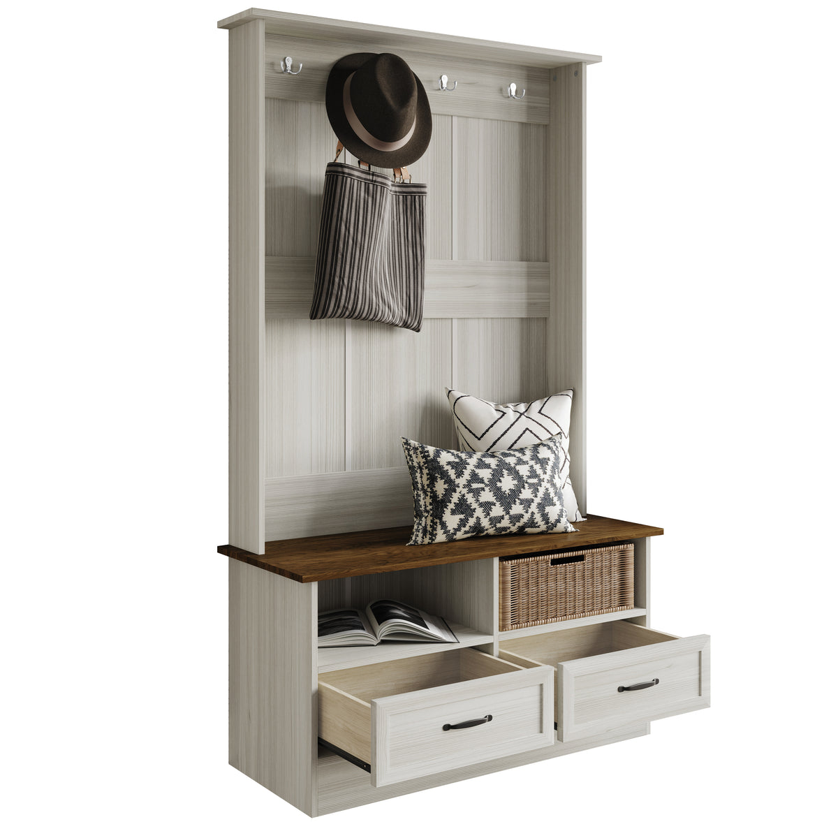 Hall Tree with Storage Cabinet, Bench, Drawers, Shelves & Hooks